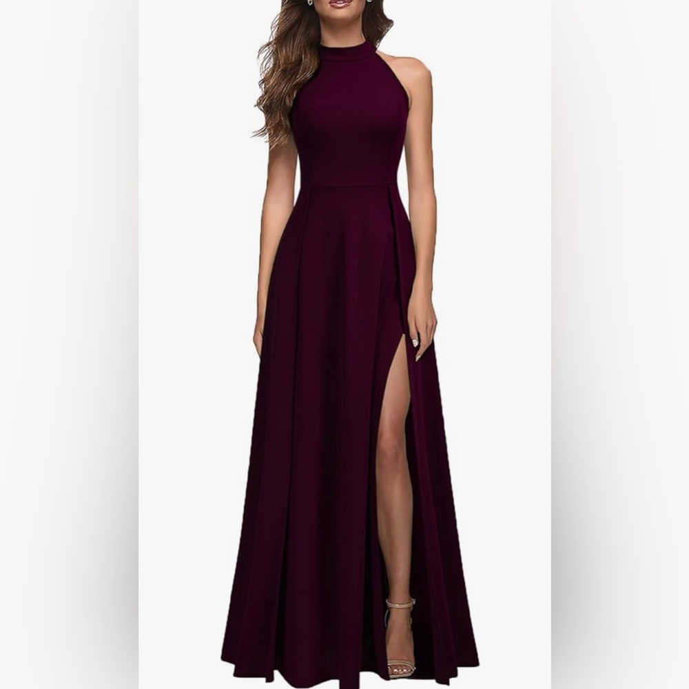 Plum Halter Sleeveless Gown with high slit